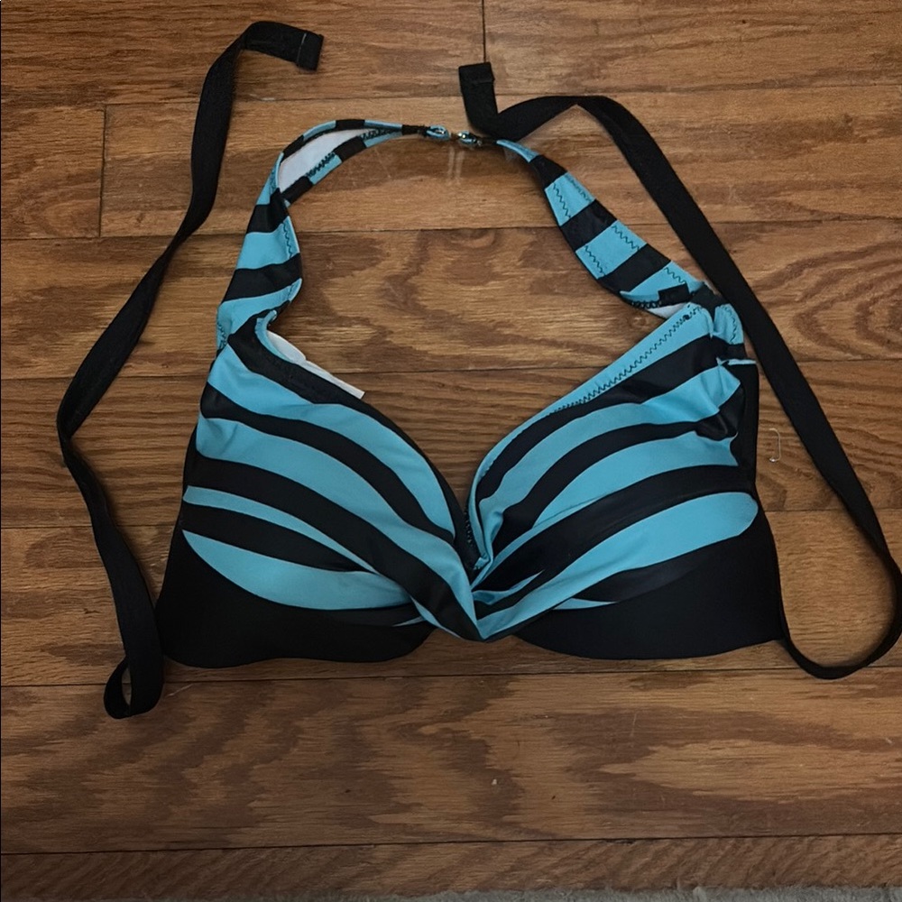 Blue and Black Striped Halter Bikini Top